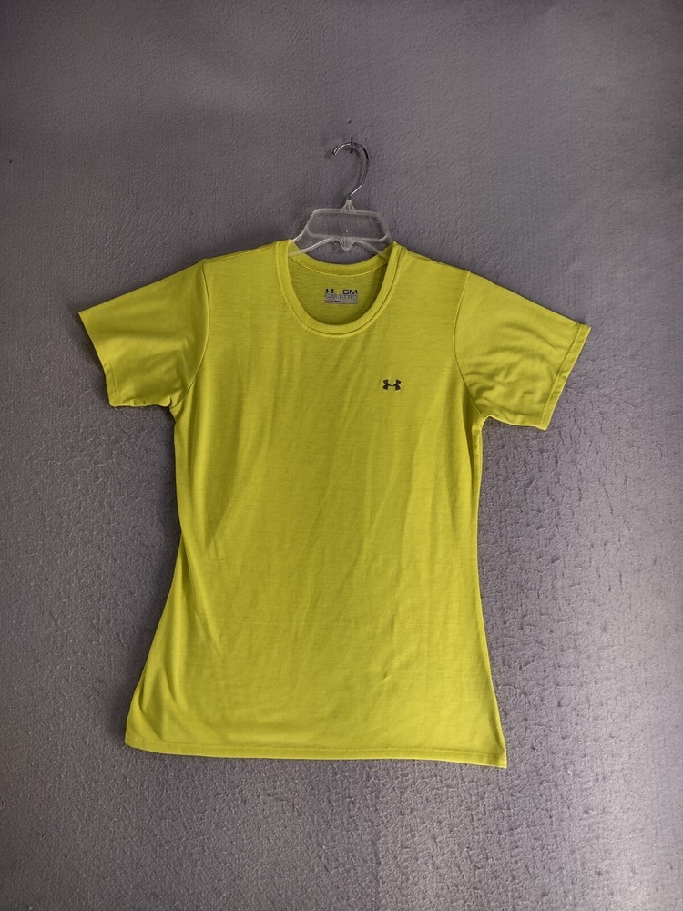Under Armour Mens Shirt Small Yellow Semi Fitted Heat Gear Solid Logo Pullover