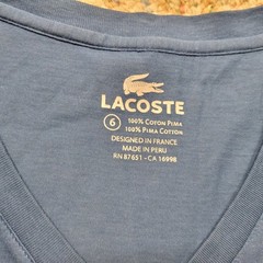 Lacoste T-Shirt Mens Size 6 Blue V-Neck Pima Cotton Short Sleeve Logo Tee