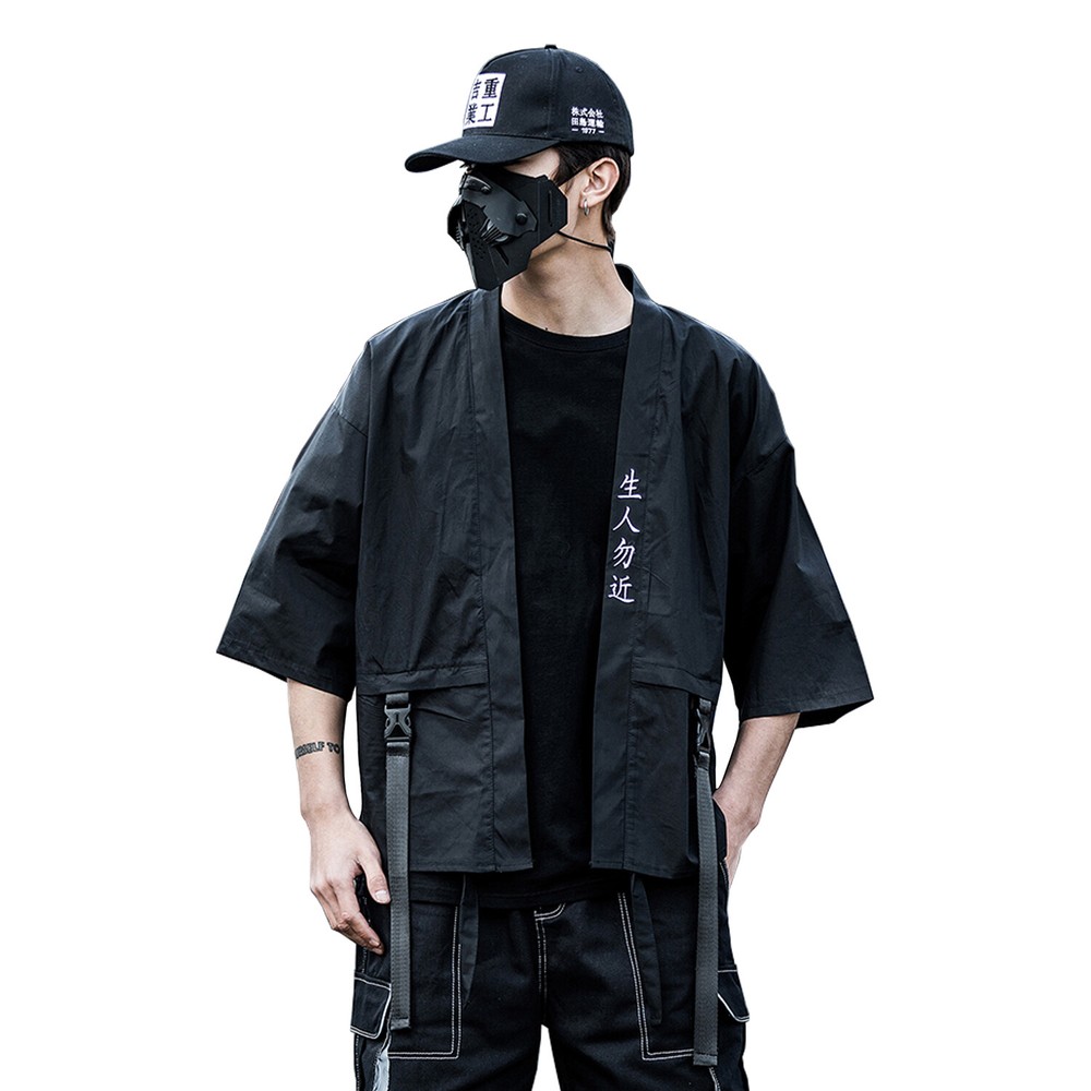 MFCT Japanese Streetwear Kimono Cardigan Loose Black Samurai T-Shirt Men