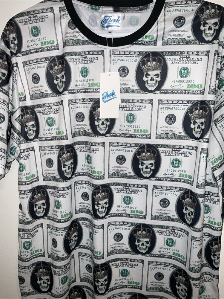 FRESH PRINTS OF BEL AIR POLYESTER DOLLAR GOLD CROWN SKULL PRINT T-SHIRT 3X L NWT