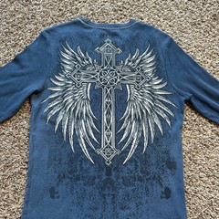Vintage No Boundaries Thermal Shirt Size L Blue Y2K Skull Cross Wings Cyber Punk