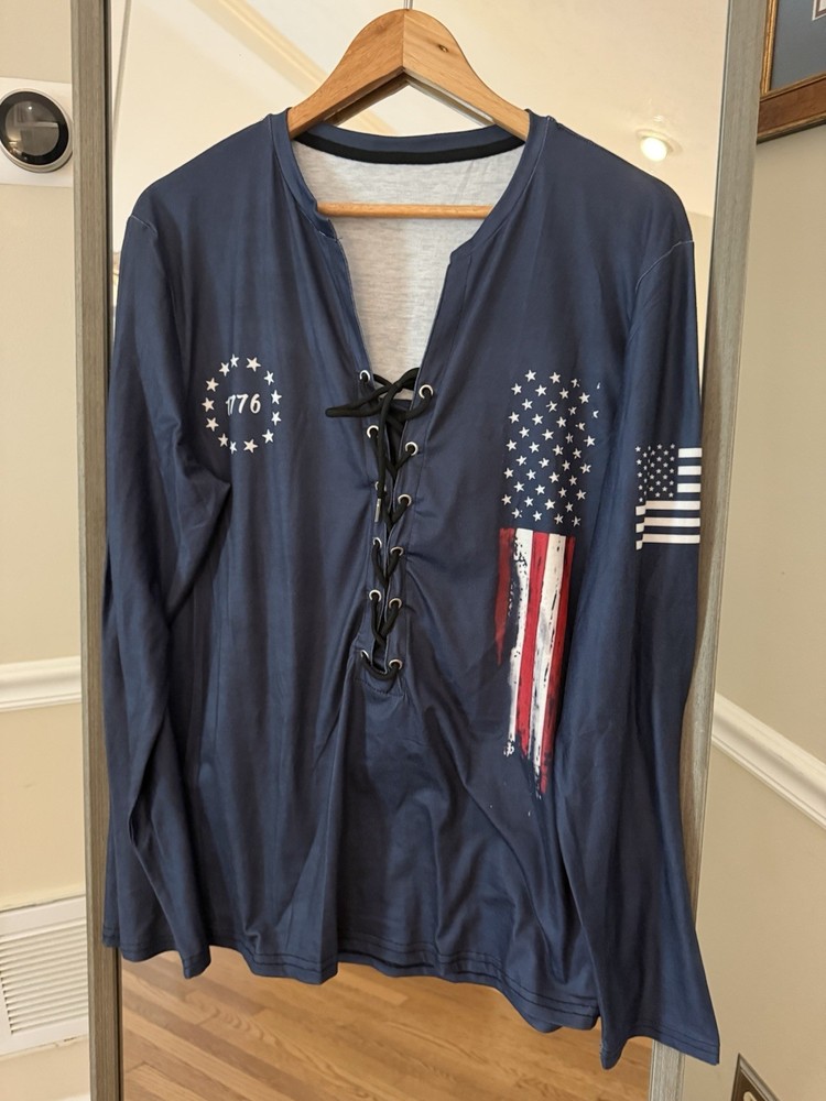 Mens Lace Up Long Sleeve V-Neck T Shirt Tee L American Flag 1776 Never Worn