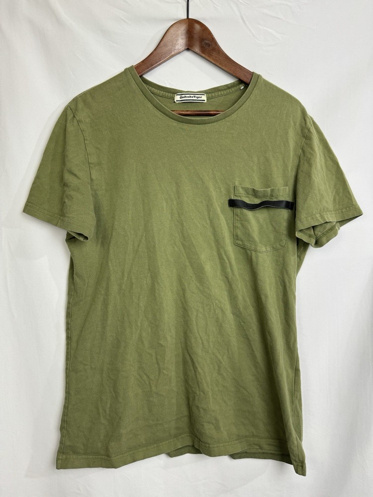 Onitsuka Tiger T Shirt Leather Strap Front Pocket Tee Green US S / M Japan XL