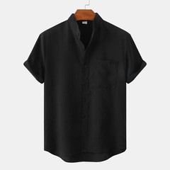 Mens Stand Collar Solid Color Shirt Casual Loose Button Short Sleeve Blouse Top