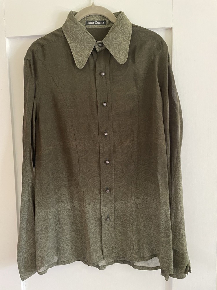 Henry Duarte Olive Ombre Paisley Shirt Pearl Butts Bell Sleeves Y2K 2000sUSA M