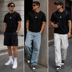 Air Jordan Men’s Casual Tee, L-4XL, Black/White/Beige, Basketball Logo