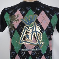 Christian Audigier SMALL Shirt Argyle Pink Green Gold Foil Ink Vintage LA
