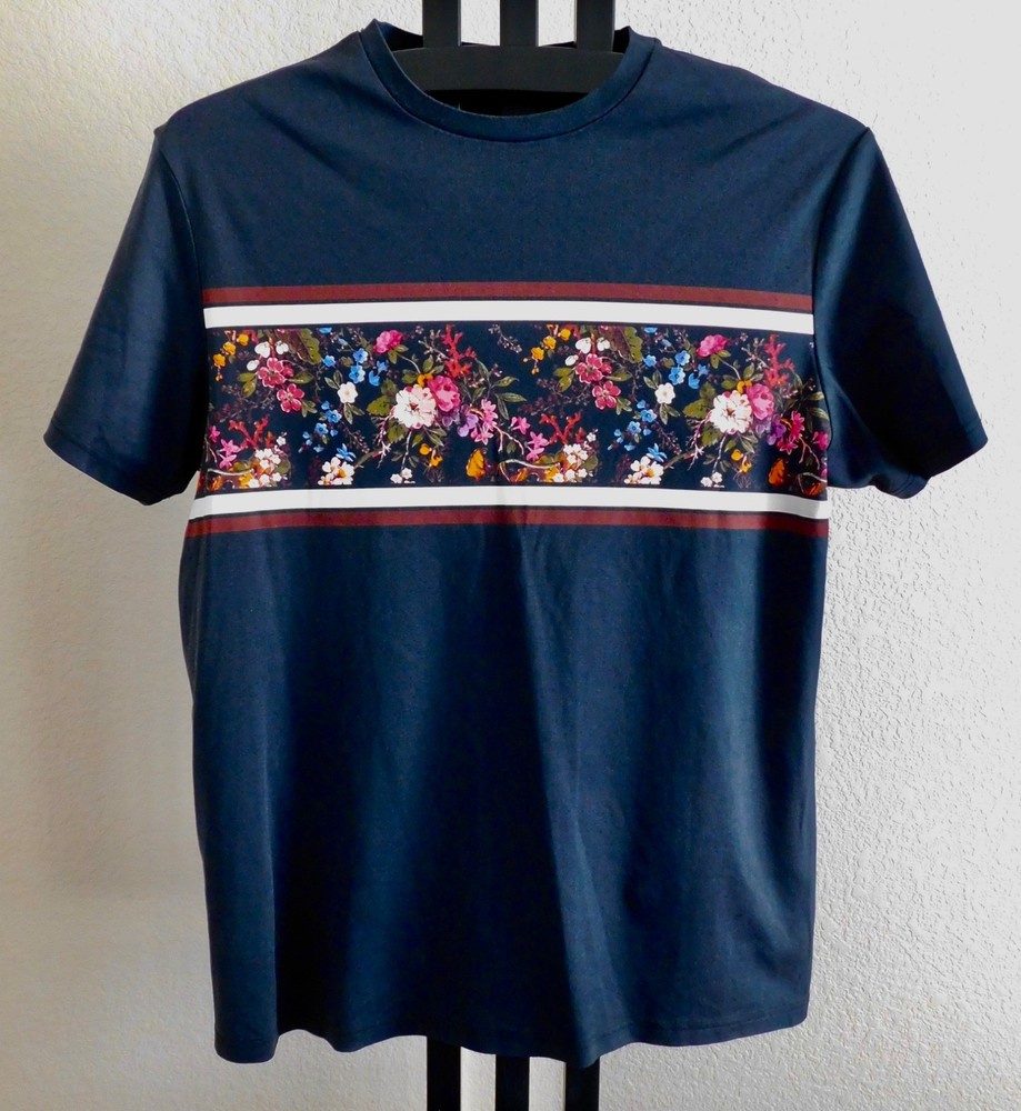 Murano Men’s XL Slim Fit T-Shirt Black Floral Stripe 100% Cotton Short Sleeve