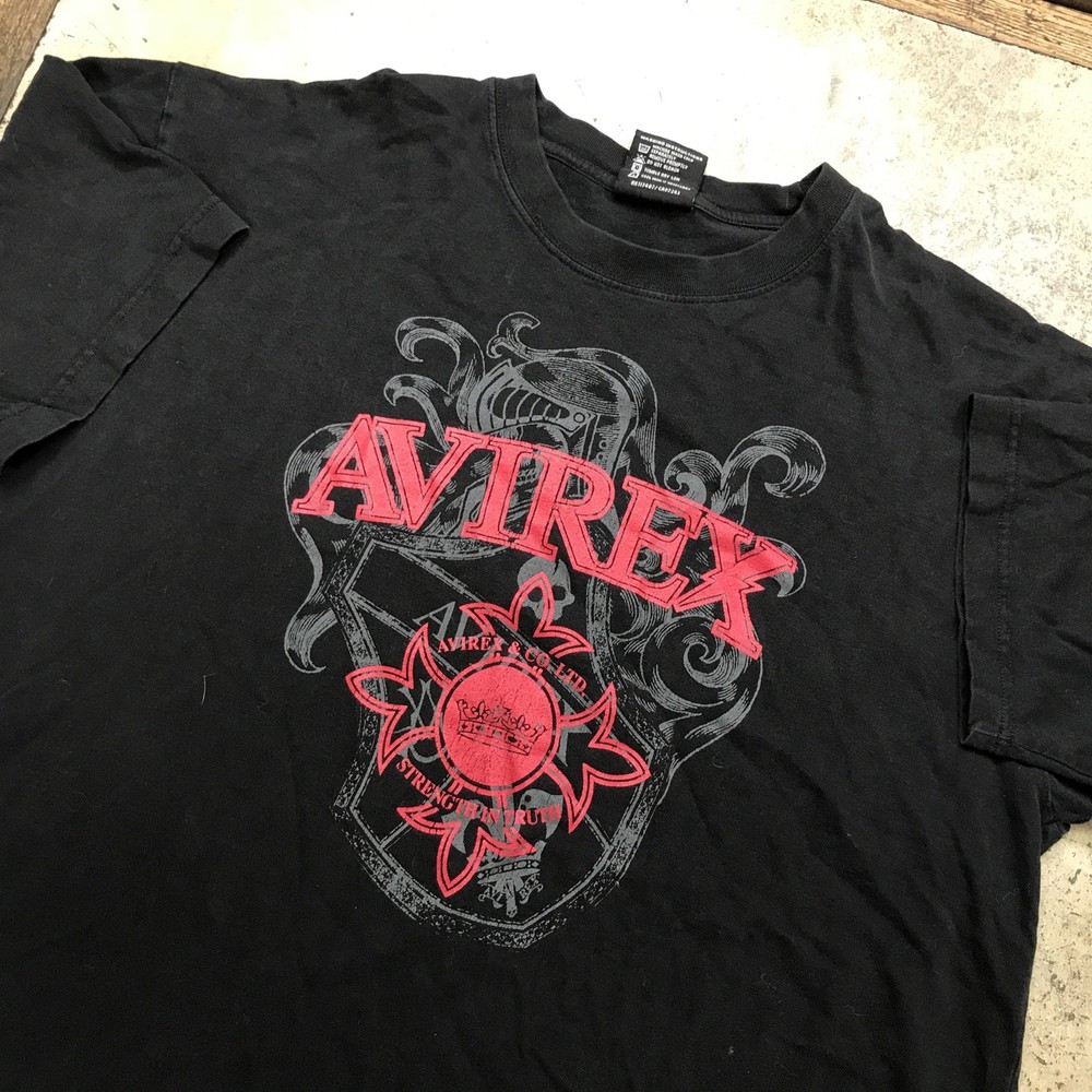 Vintage Avirex Y2K T Shirt Mens 2XL Black Silver Red Crest Gothic Style Cotton