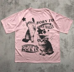 Born To Dilly Dally Forced To Lock In T-Shirt Vintage Cat Meme Graphic Tee Overs