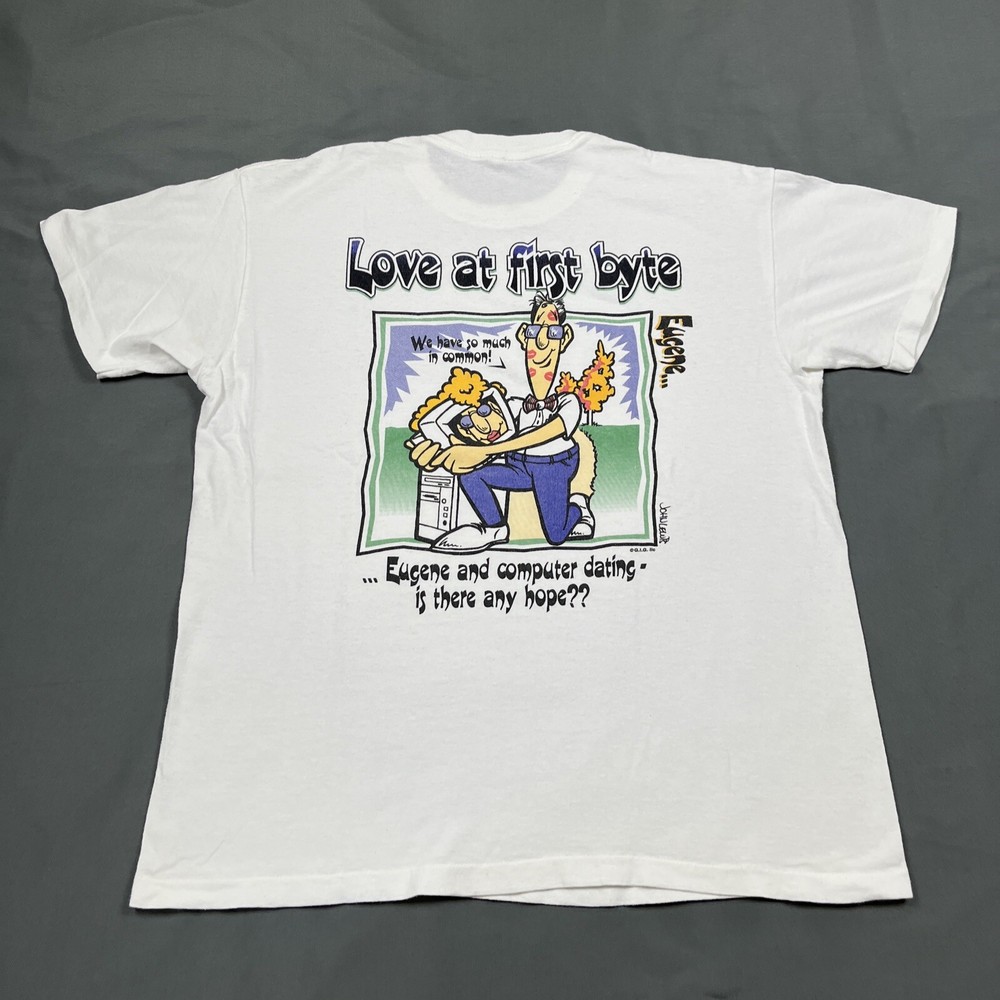 Vintage 90s Eugene Computer Dating Cartoon Shirt White Large Single Stitch VTG