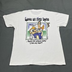 Vintage 90s Eugene Computer Dating Cartoon Shirt White Large Single Stitch VTG