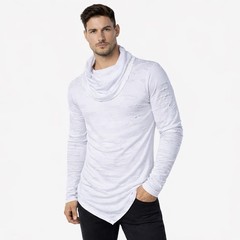 Mens Cowl Neck White Shirt Long Sleeve Distressed Gothic Inspired Streetwear XL