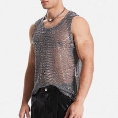 Mens Mesh Tank Top Glitter Muscle Tank Vacation Clothing Slight Stretch Clubwear
