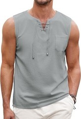 COOFANDY Men’s Cotton Linen Tank Top Shirts Casual Sleeveless Lace Up Beach M
