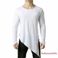 Mens Asymmetric Slit Hem Summer T-shirt Top Tee Long Sleeve Pullover Shirt Hot