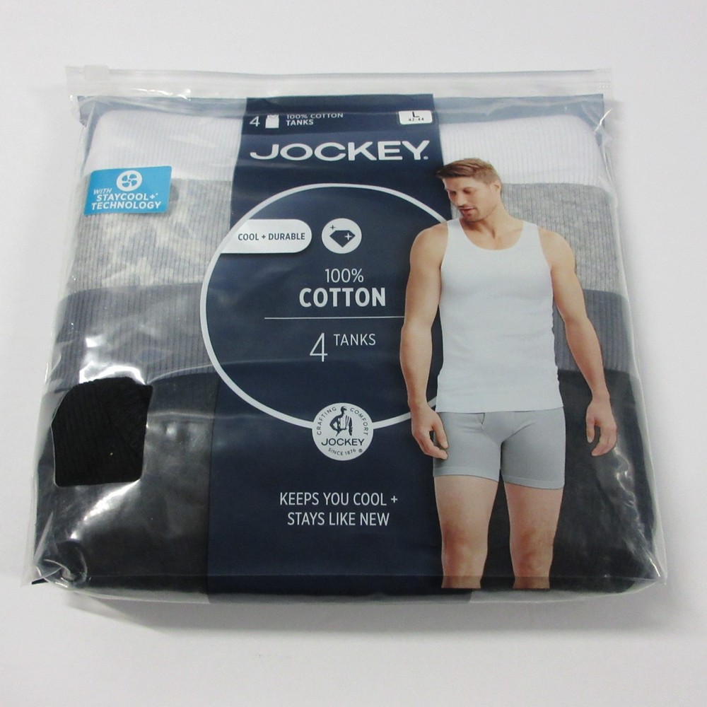 New Jockey 4 Pack Men’s Stay Cool Cotton Tanks Size Large L Black Gray White