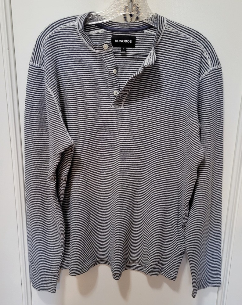 Bonobos Men’s Henley Shirt Navy White Striped Long Sleeve Size Medium