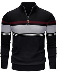 Mens Long Sleeve Sweater 1/4 Zip Winter Warm Casual Fleece Pullover Striped Polo