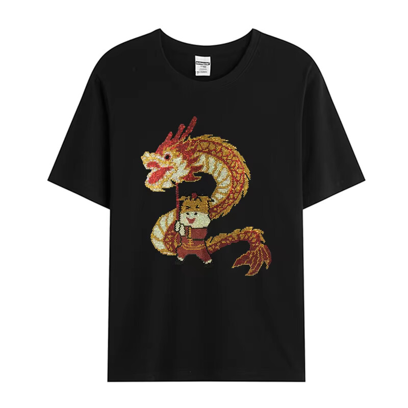 Fashion Dragon Rhinestones Summer Short Sleeve Luxury Men Trend Black T-Shirt
