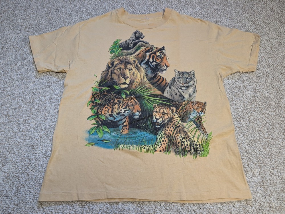 Vintage Big Wild Cats Shirt Mens Large Tan Single Stitch USA Made Tiger Lion