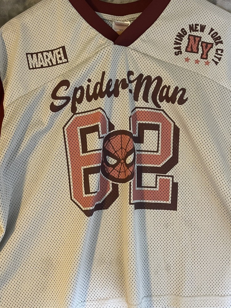 Marvel Spider-Man 62 Graphic Mesh Jersey T-Shirt L Maroon & White RARE