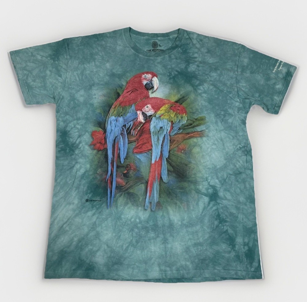 The Mountain Parrot Shirt Mens 2XL Blue Tie Dye Macaw Bird AOP Graphic Tee