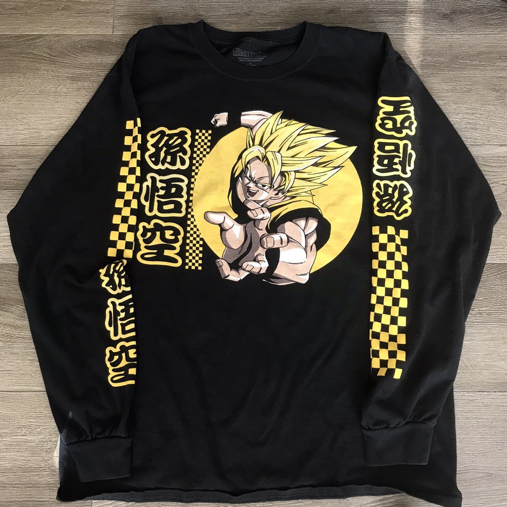 Dragon Ball Z Shirt Large Long Sleeve Tee Black Yellow Checkered Print