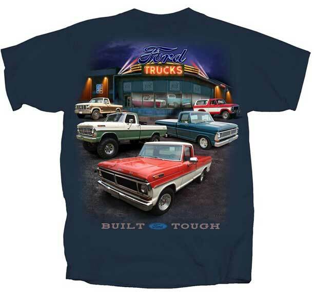 Ford Vintage Dealer Scene Trucks Cars Built Tough Neon Retro T Shirt FMDRT-U