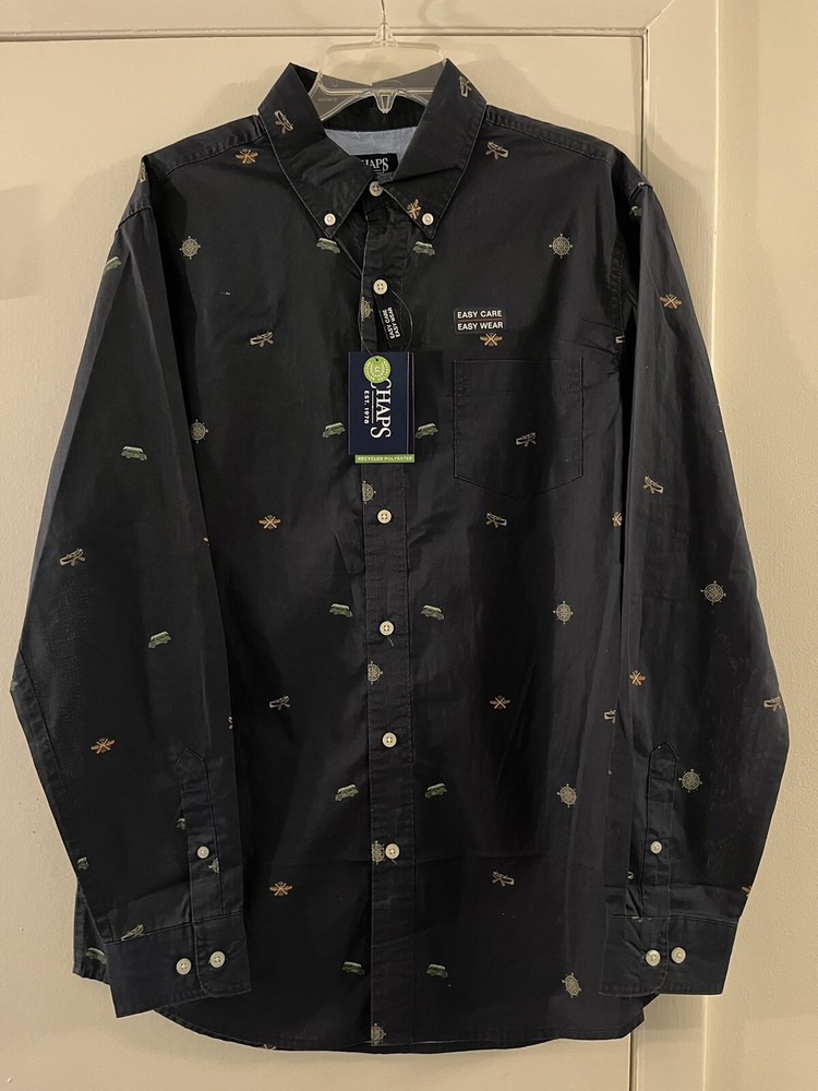 NWT Men’s Chaps Long Sleeve Button Easy Care Shirt Navy Blue Print Large