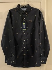 NWT Men’s Chaps Long Sleeve Button Easy Care Shirt Navy Blue Print Large