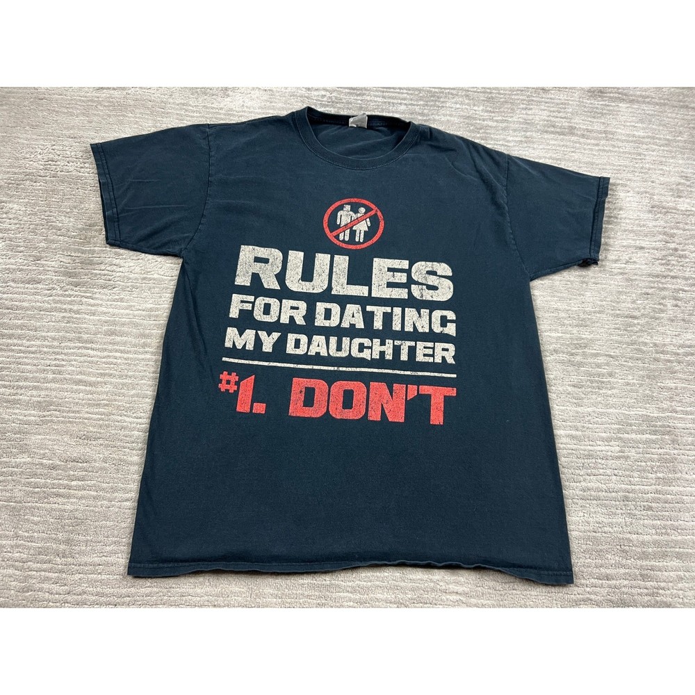 Fruit of the Loom T-Shirt Mens L Navy Rules For Dating My Daughter Graphic Tee