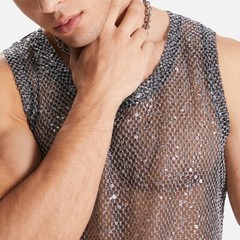 Men’s Glitter Sheer See Through Fishnet Tank Top Sexy Mesh Muscle Vest S 3XL