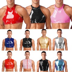 Mens Glossy Cropped Vest Wet Look Patent Leather Crop Top Shirt Clubwear Tee