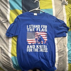 Men’s Blue Cotton Graphic Tee “I Stand For The Flag Kneel For The Cross” S