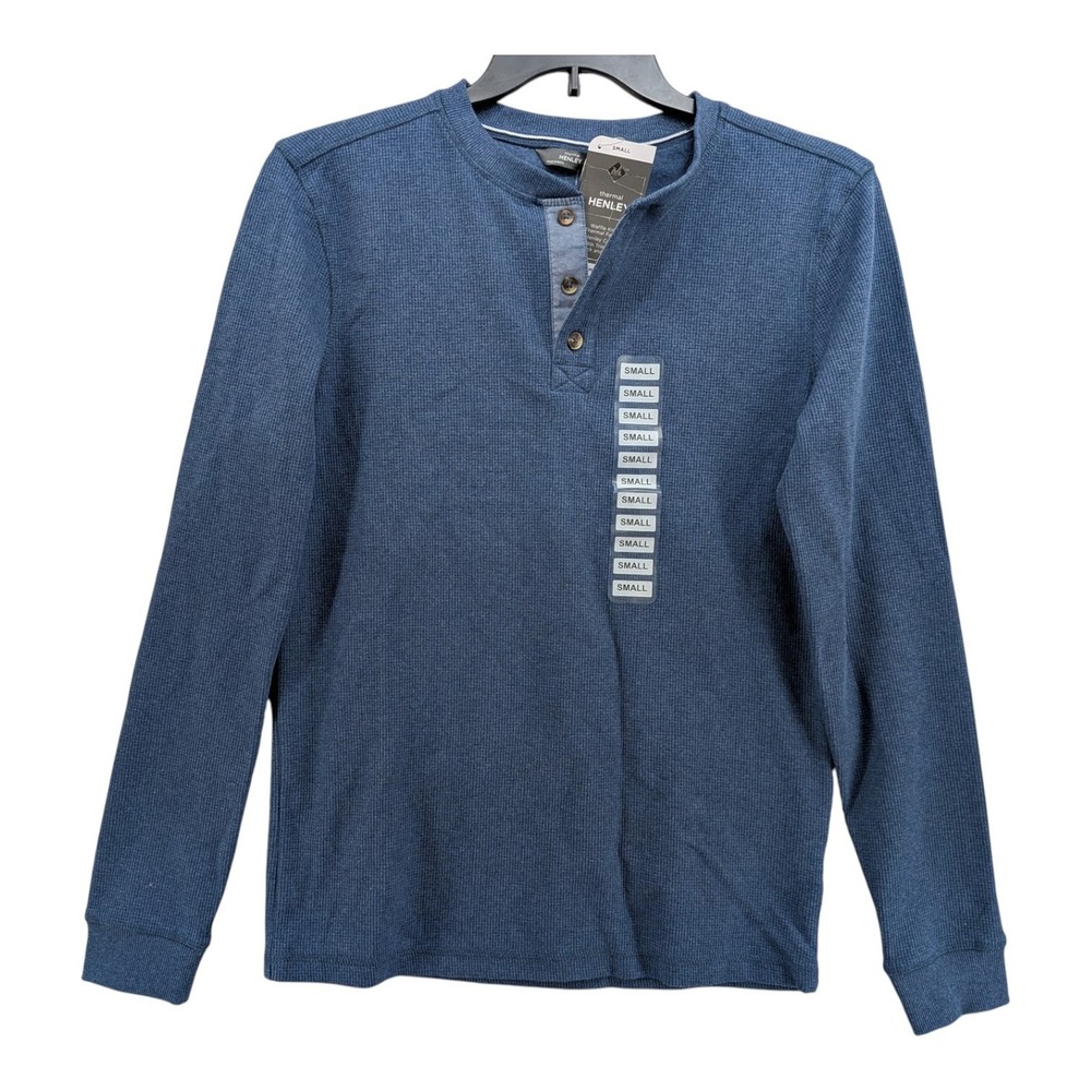 Members Mark Thermal Henley Tee S Blue Long Sleeve Tshirt Waffle Knit Layering