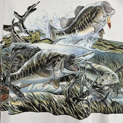 Vintage 90s Largemouth Bass Fishing All Over Print Nature Graphic White T-Shirt
