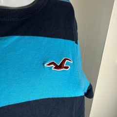 Y2K Hollister T Shirt Striped Embroidered Navy Blue Cyan Mens XL
