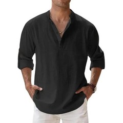 MENS LINEN COTTON HENLEY LONG SLEEVE BREATHABLE CASUAL BEACHWEAR SHIRT