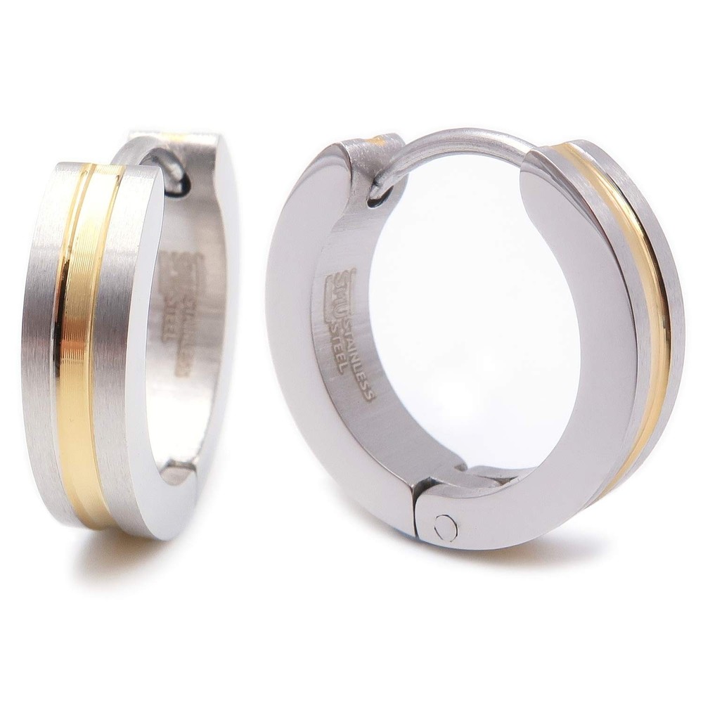 Stainless Steel Stripe Men Hoop Earrings 2-tone Gold-tone Black Silver-tone 16mm