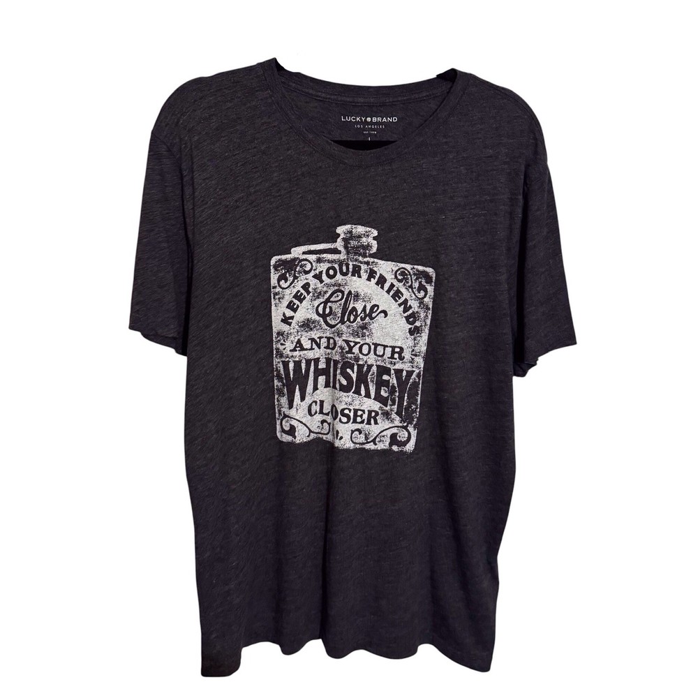 Lucky Brand Men’s Large Gray Whiskey Graphic Tee T-Shirt Retro Casual Lounge