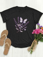 Women’S European And Summer Sports Casual Short-Sleeve Top with a Butterfly Fl