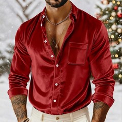 Men’s Velvet Shirt Casual Slim Shirts Long Sleeve Button Down Tops Blouse