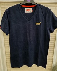 Mens 2XL XXL Superdry Navy Blue T Shirt. Yellow Chest Logo. Great Clean Cond