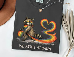 We Pride At Dawn Shirt, LGBTQ Raccoon Pride Tee, Rainbow Heart Graphic T-Shirt,