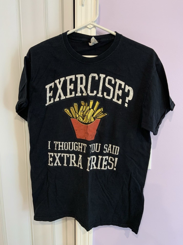 Exercise Fries Fruit Of The Loom T-Shirt Size M Black Small Hole On Back