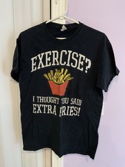Exercise Fries Fruit Of The Loom T-Shirt Size M Black Small Hole On Back