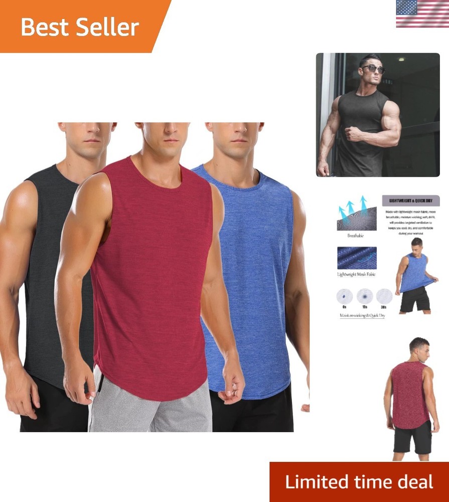 3 Pack Men’s Muscle Shirts Sleeveless Dry Fit Gym Workout Tank Top Gym