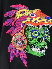 AZTEC SKULL T SHIRT ART TEE Front Back Hits Unique LARGE Neon Black Vision See