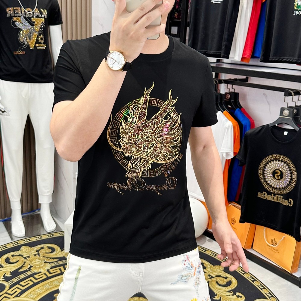 New Men Fashion Trend Dragon Diamond Rhinestone Streetwear Summer Luxury T-Shirt